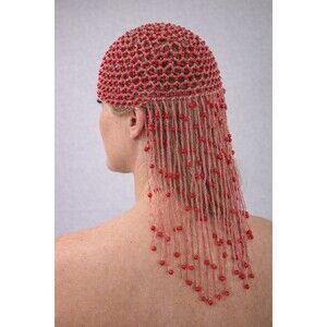 Y2K Red Beaded Hair Net Headpiece Fringe Costume Festival Rave Bohemian